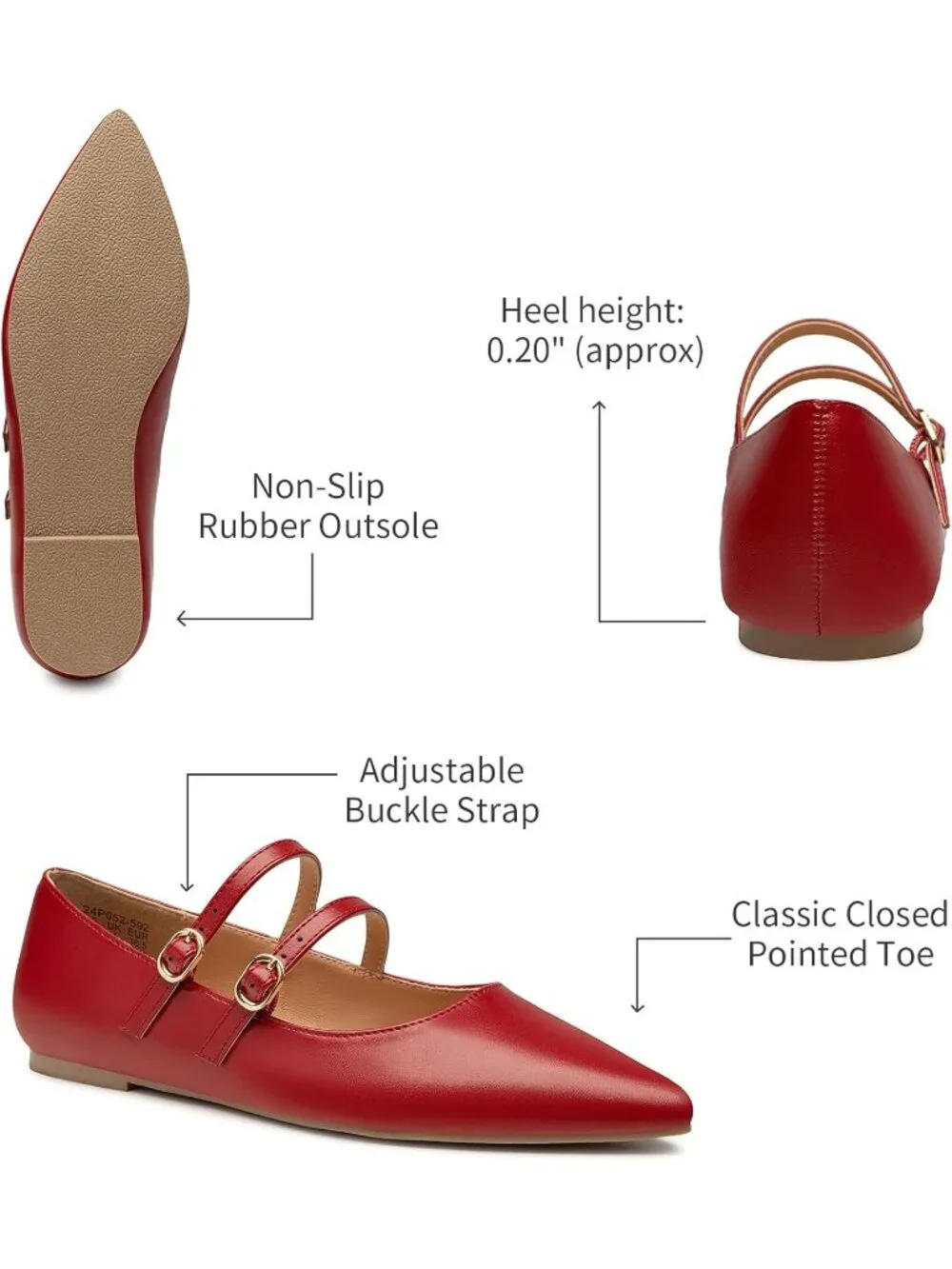 Women's Red Mary Jane Shoes Women Closed Pointed Toe Ballet Flats Comfortable